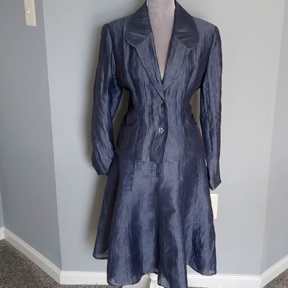 ZOEY jacket and skirt, gray-blue linen/rayon, jacket 12, skirt 10